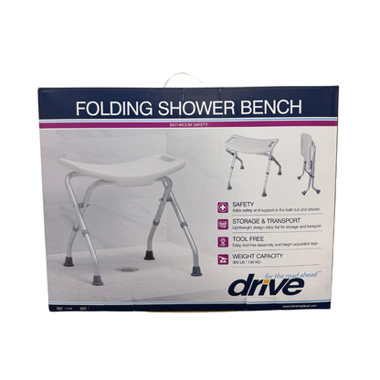 Drive folding shower bench packaging featuring a portable bath safety seat with foldable design, adjustable legs, and slip-resistant feet.