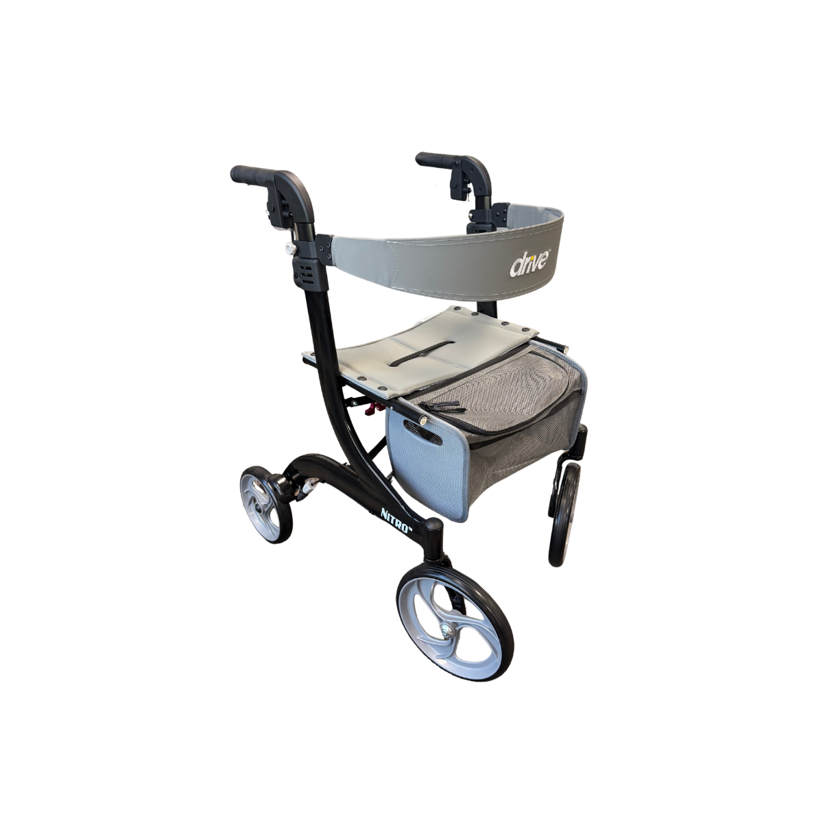Black Drive™ Nitro 4-Wheel Rollator with seat, storage bag, and wheels for mobility support and walking assistance.