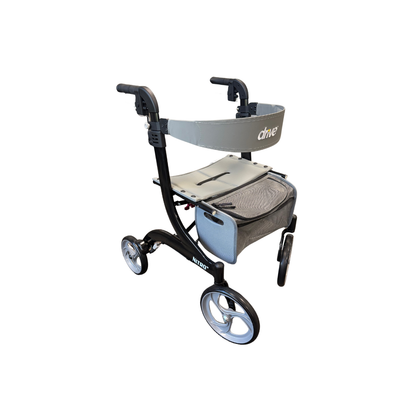 Black Drive™ Nitro 4-Wheel Rollator with seat, storage bag, and wheels for mobility support and walking assistance.