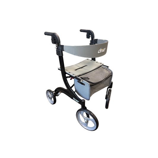 Black Drive™ Nitro 4-Wheel Rollator with seat, storage bag, and wheels for mobility support and walking assistance.