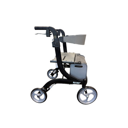 Side view of black Drive™ Nitro 4-Wheel Rollator with seat and storage bag for mobility support.
