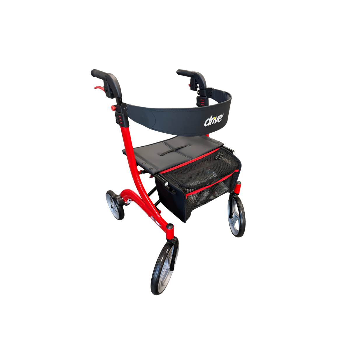 “Red Drive™ Nitro 4-Wheel Rollator with seat, storage bag, and wheels for mobility support.