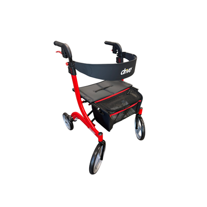 “Red Drive™ Nitro 4-Wheel Rollator with seat, storage bag, and wheels for mobility support.