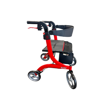 Side view of red Drive™ Nitro 4-Wheel Rollator with seat and storage bag for mobility support.