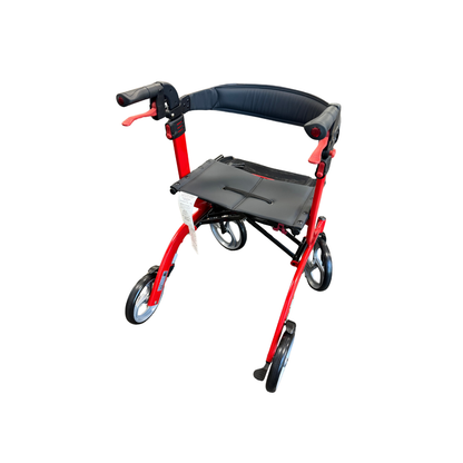 Top view of red Drive™ Nitro 4-Wheel Rollator with padded seat and back support.