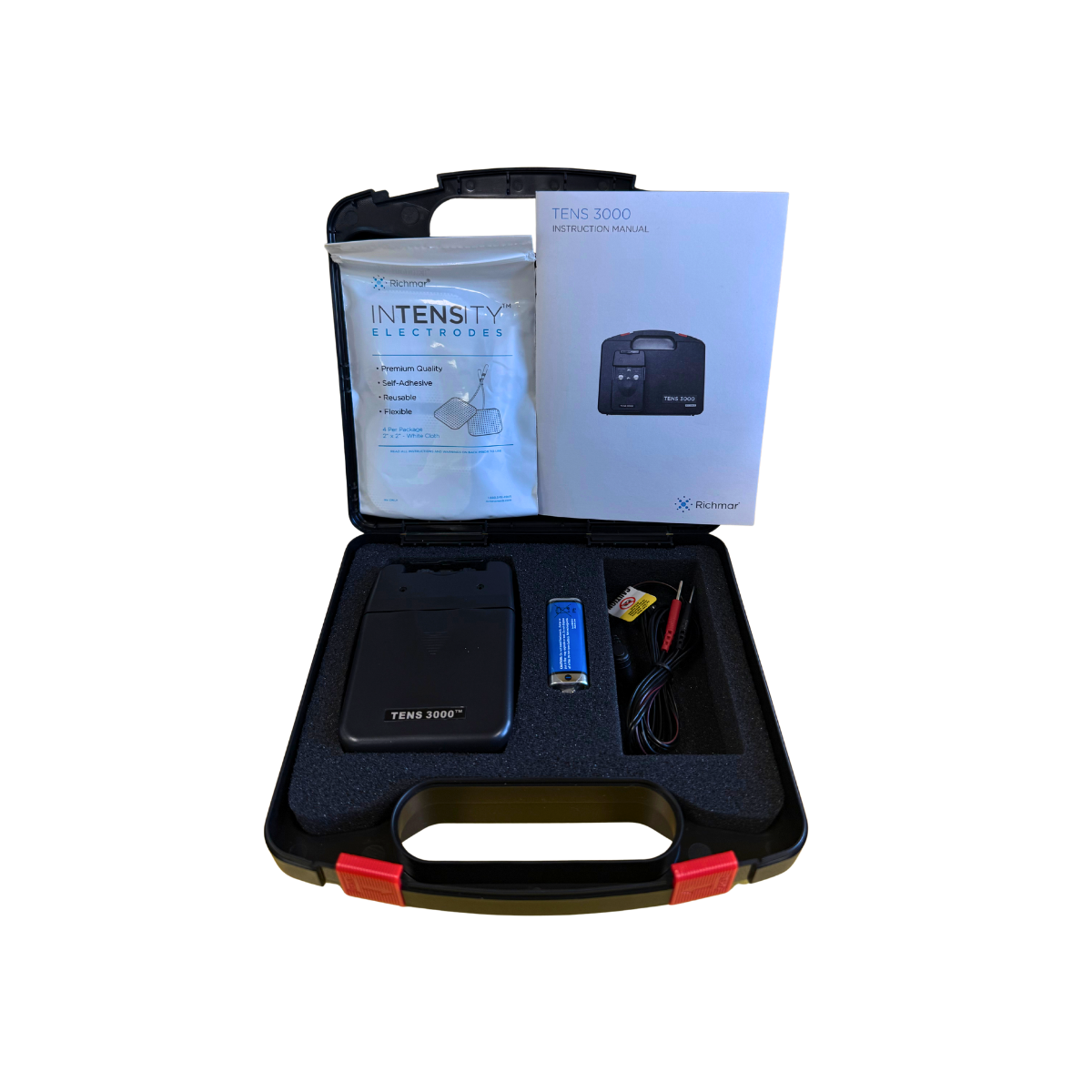 Electrotherapy System TENS 3000™ 2-Channel kit with carrying case, electrode pads, battery, lead wires, and instruction manual for pain relief therapy.