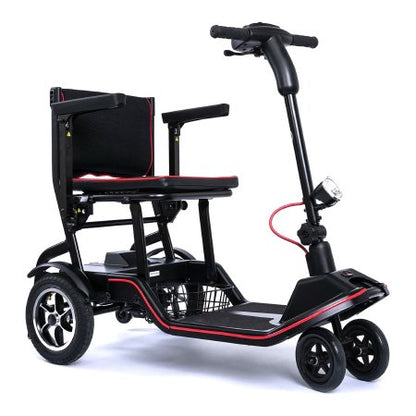 Feather 4-wheel electric mobility scooter in black and red with tiller steering, padded seat, rear basket, and compact folding frame
