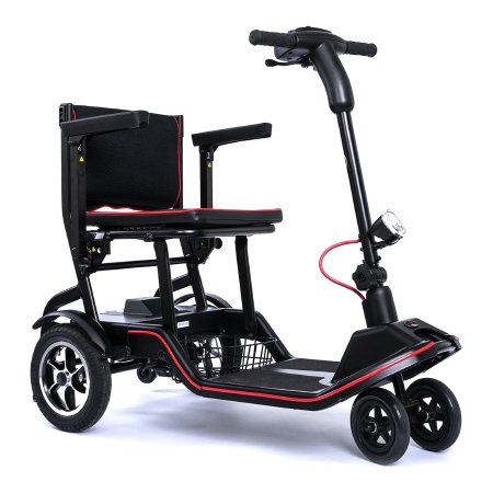 Feather 4-wheel electric mobility scooter in black and red with tiller steering, padded seat, rear basket, and compact folding frame