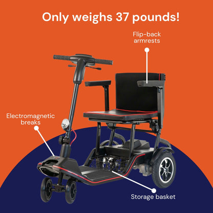 Feather 4-wheel electric scooter weighing 37 pounds, featuring flip-back armrests, electromagnetic brakes, and a storage basket