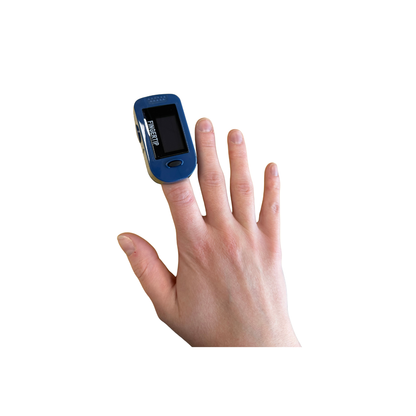 Person using a fingertip pulse oximeter to monitor blood oxygen levels and pulse rate.