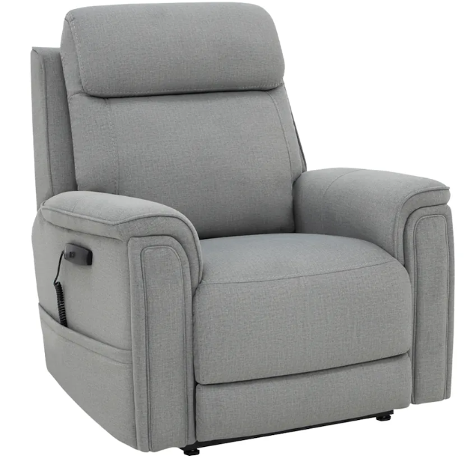 A light gray upholstered recliner chair with a high back, padded armrests, and a side-mounted control remote, shown on a plain white background.