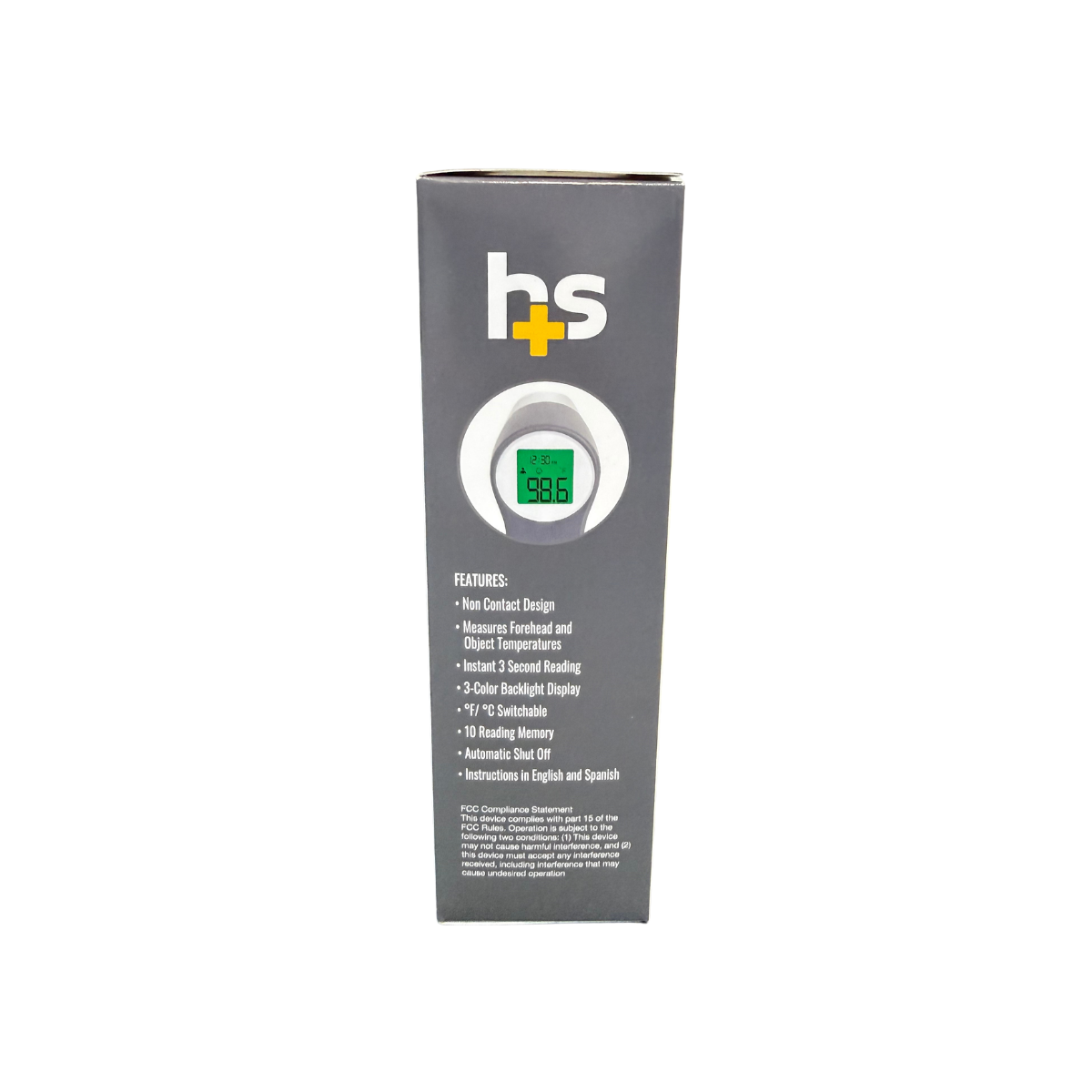 Side view of HealthSmart non-contact infrared thermometer packaging highlighting touch-free temperature reading features and specifications.