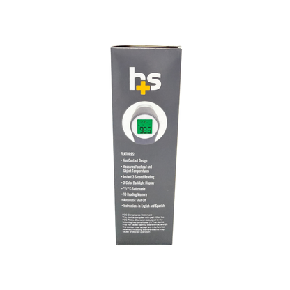 Side view of HealthSmart non-contact infrared thermometer packaging highlighting touch-free temperature reading features and specifications.