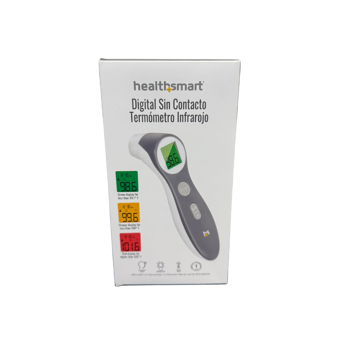 HealthSmart non-contact infrared thermometer packaging with touch-free temperature reading device and color-coded fever indicators.