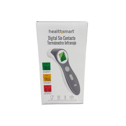 HealthSmart non-contact infrared thermometer packaging with touch-free temperature reading device and color-coded fever indicators.