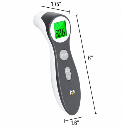 HealthSmart non-contact infrared thermometer with labeled dimensions showing compact handheld design for touch-free temperature readings.