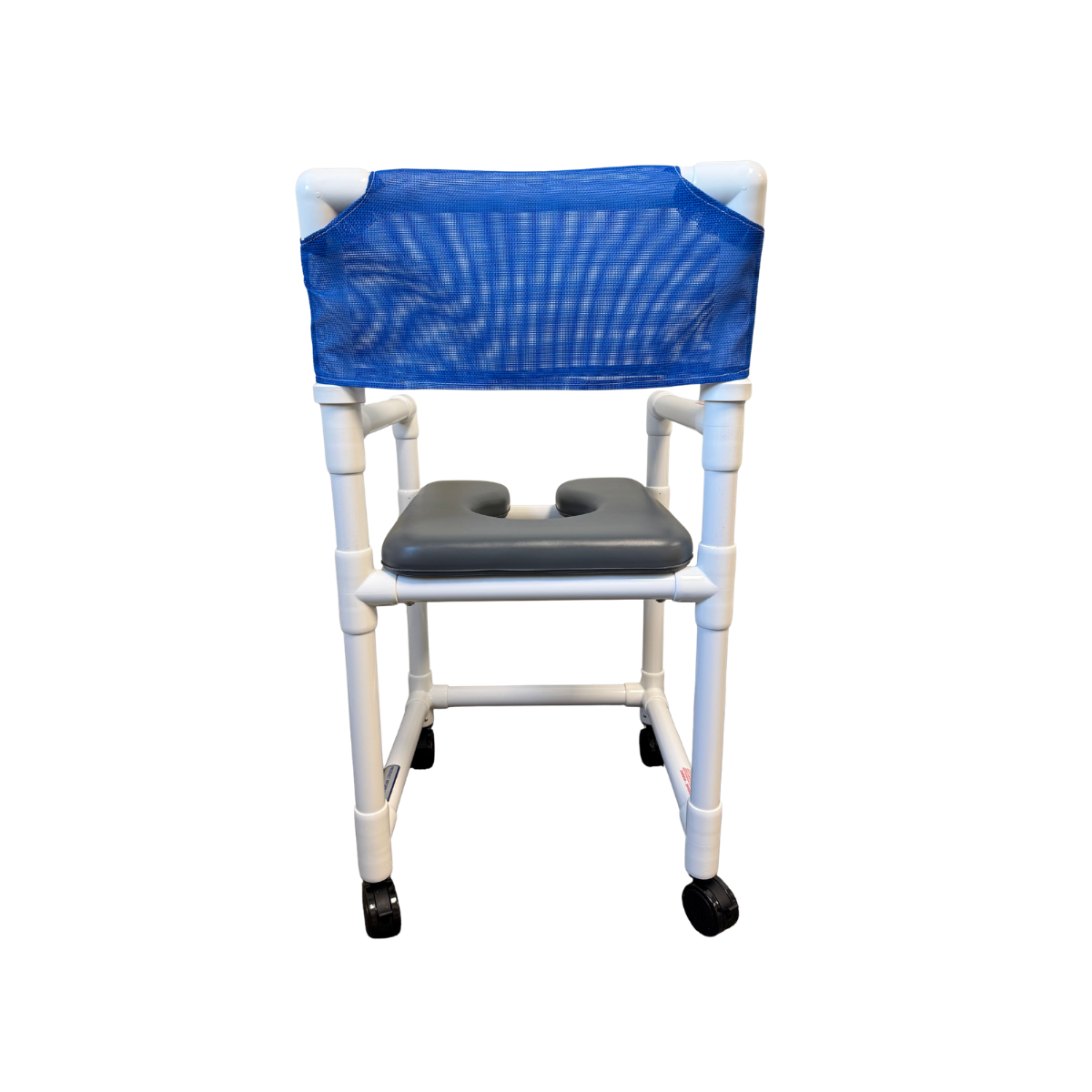 Rear view of IPU shower chair with blue mesh backrest, white PVC frame, gray padded commode seat, fixed armrests, and rolling casters on a white background