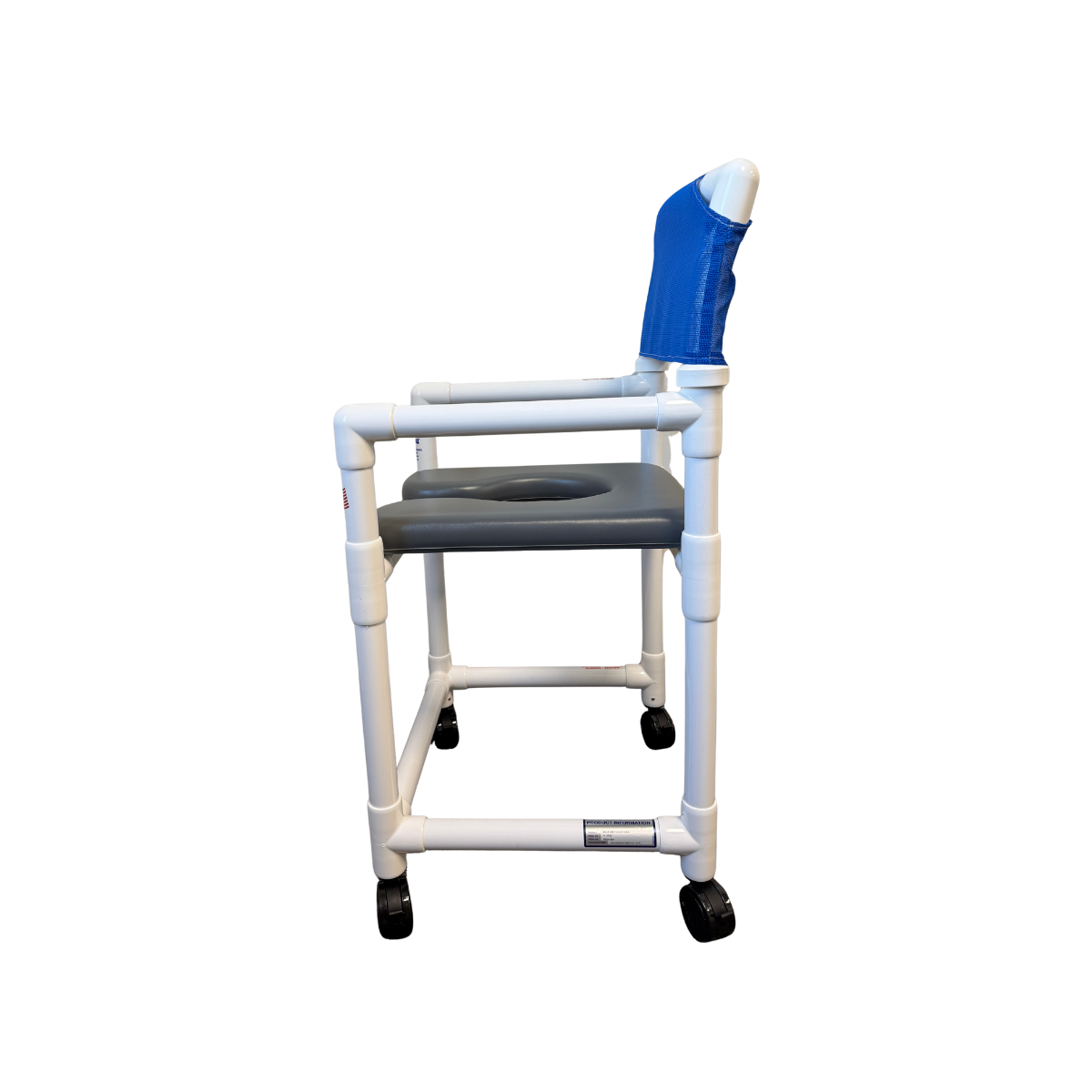 Side view of IPU shower chair with fixed armrests, white PVC frame, blue mesh backrest, gray commode-style seat, and rolling casters on a white background