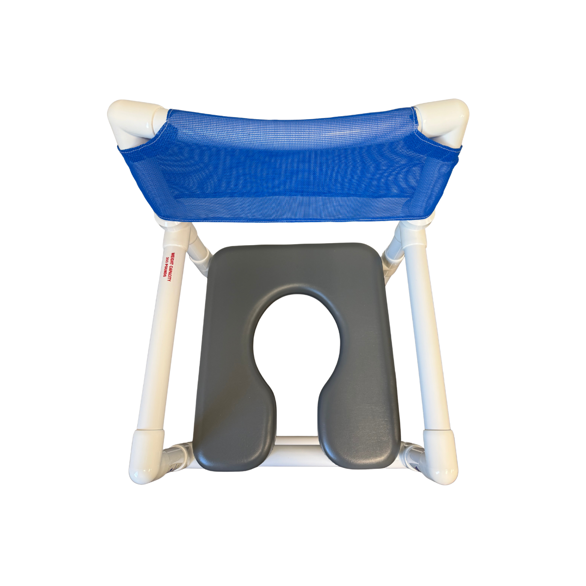 Top view of IPU shower chair featuring blue mesh backrest, white PVC frame, and gray contoured commode-style seat on a white background