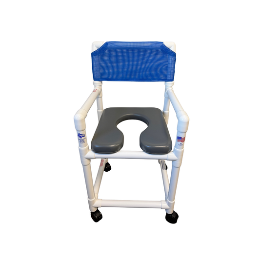 IPU shower chair with fixed armrests, white PVC frame, blue mesh backrest, gray contoured seat, and rolling casters on a white background