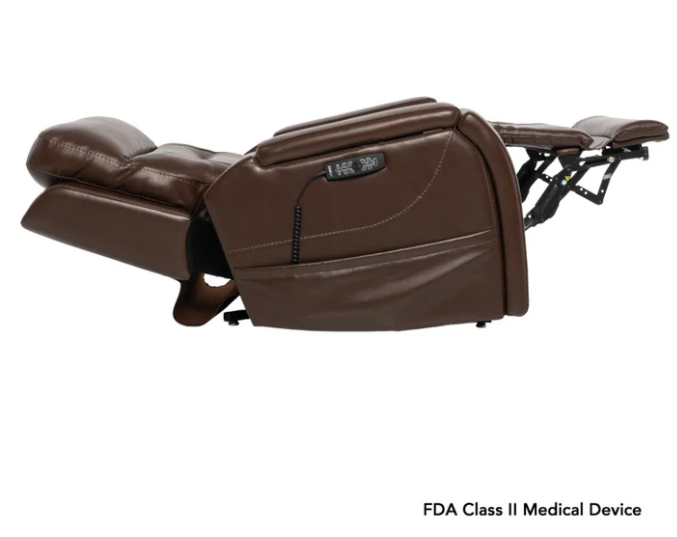 A dark brown leather recliner laid all the way back