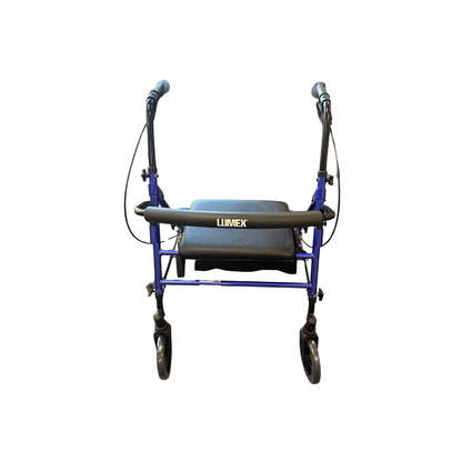 Front view of blue Lumex® Set N' Go 4-Wheel Rollator with padded seat and mobility support handles.