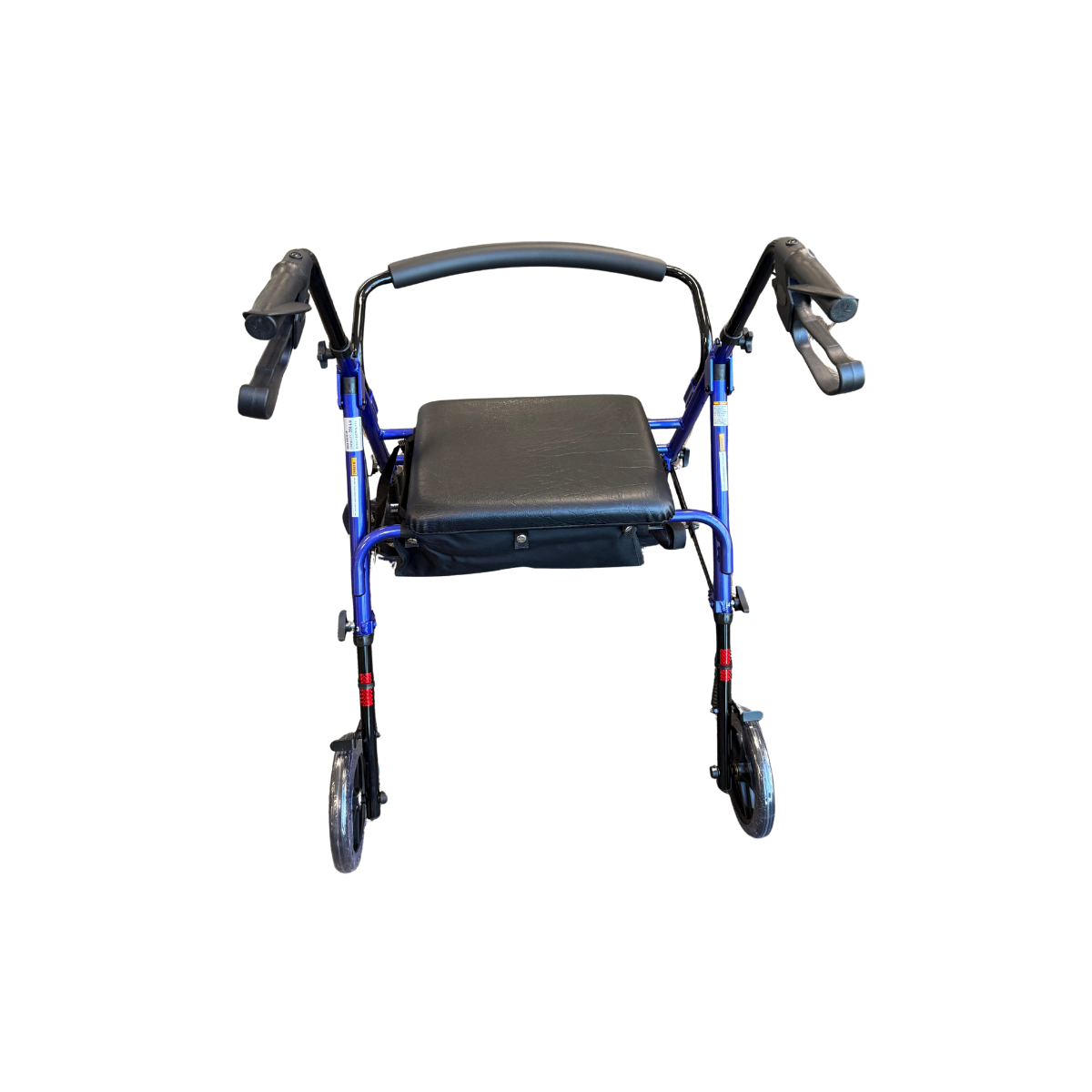 Rear view of blue Lumex® Set N' Go 4-Wheel Rollator with padded seat and back support.