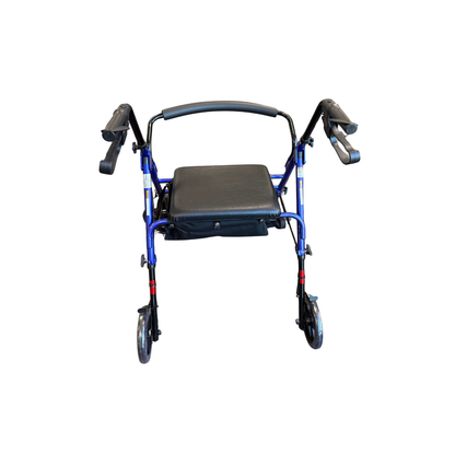 Rear view of blue Lumex® Set N' Go 4-Wheel Rollator with padded seat and back support.