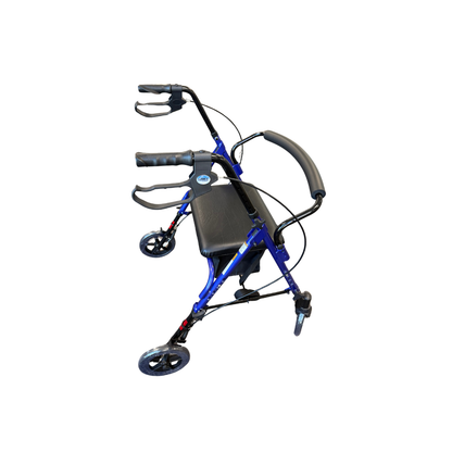 Top angled view of blue Lumex® Set N' Go 4-Wheel Rollator with padded seat and adjustable handles.