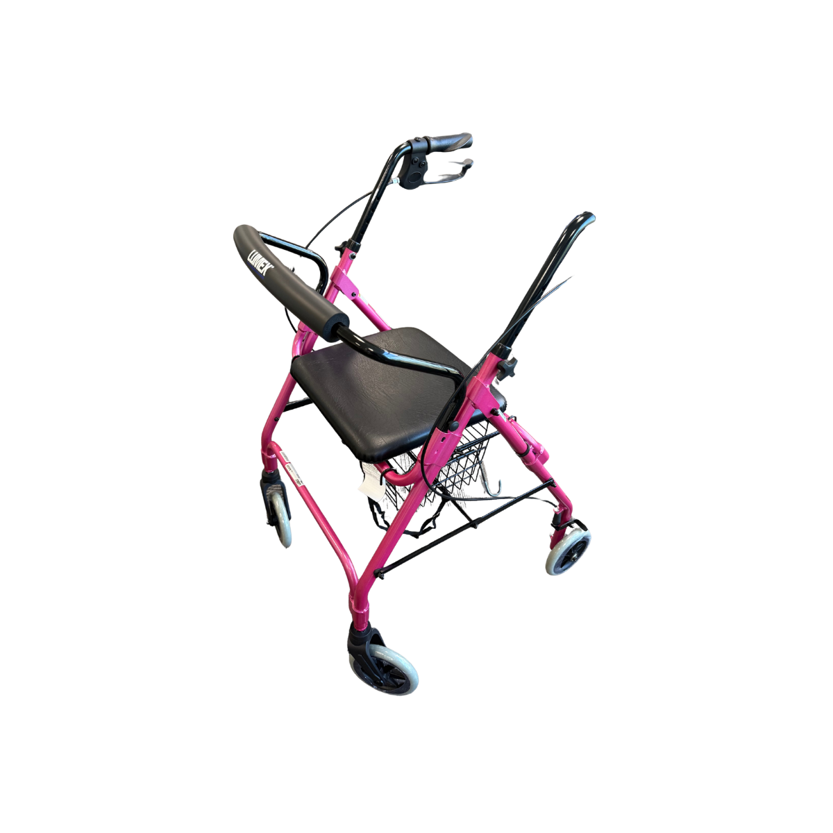 Pink Lumex® Walkabout Lite 4-Wheel Rollator with padded seat and foldable lightweight frame.