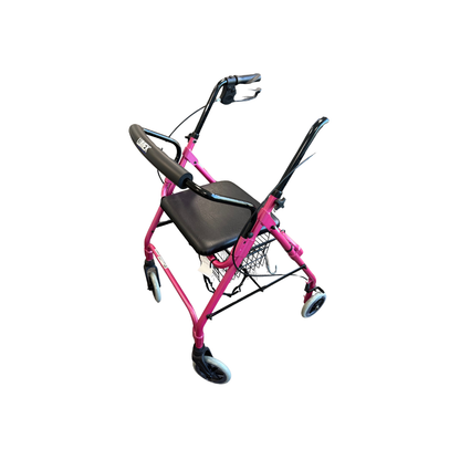 Pink Lumex® Walkabout Lite 4-Wheel Rollator with padded seat and foldable lightweight frame.