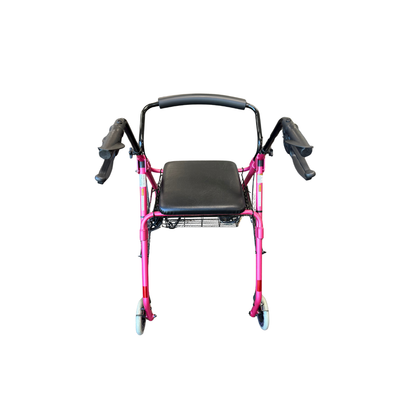 Rear view of pink Lumex® Walkabout Lite 4-Wheel Rollator with padded seat and back support.
