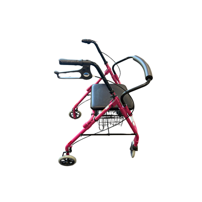 Side view of pink Lumex® Walkabout Lite 4-Wheel Rollator with padded seat and storage basket.