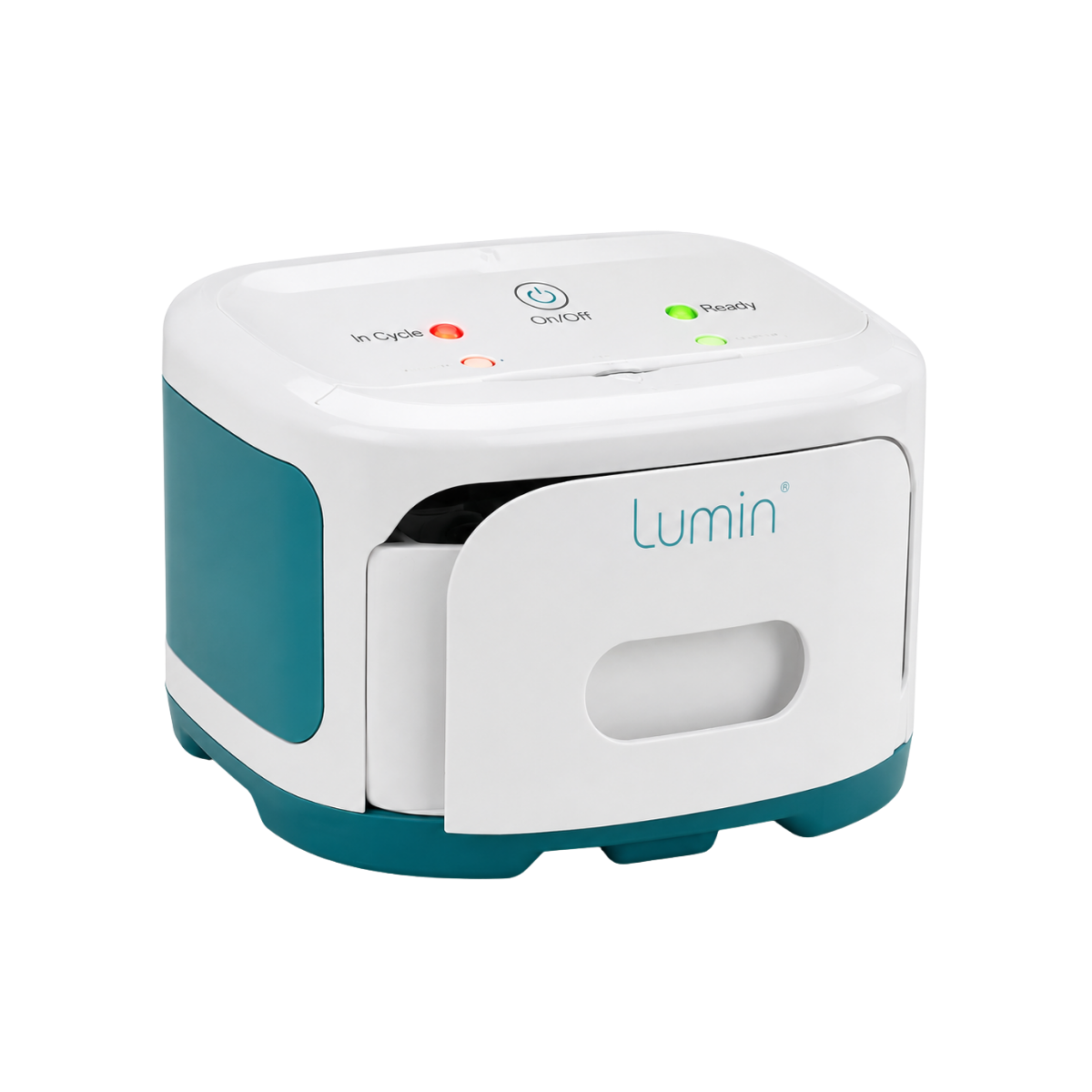 Lumin LM3000 CPAP sanitizer and cleaner device in white and teal with front-loading sanitizing compartment on a white background