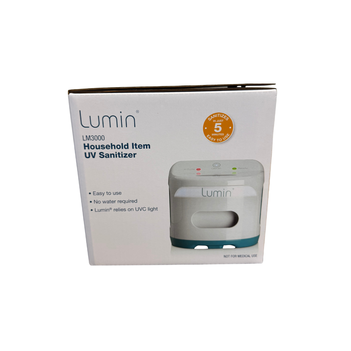 Front view of Lumin LM3000 household item UV sanitizer retail packaging featuring product image and UVC sanitizing information on a white background