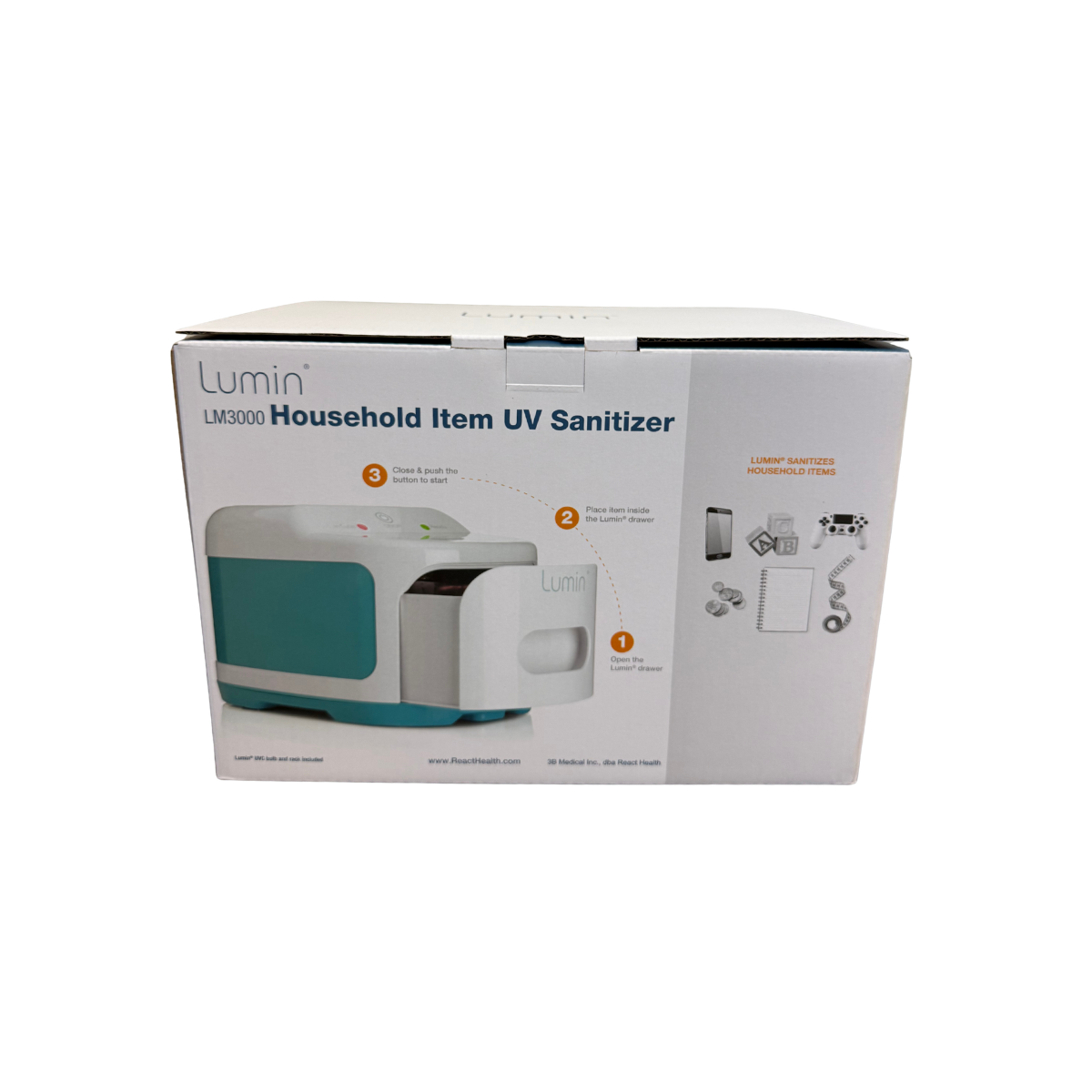 Back view of Lumin LM3000 household item UV sanitizer packaging showing device usage instructions and compatible household items on a white background