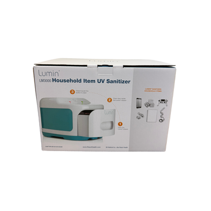 Back view of Lumin LM3000 household item UV sanitizer packaging showing device usage instructions and compatible household items on a white background