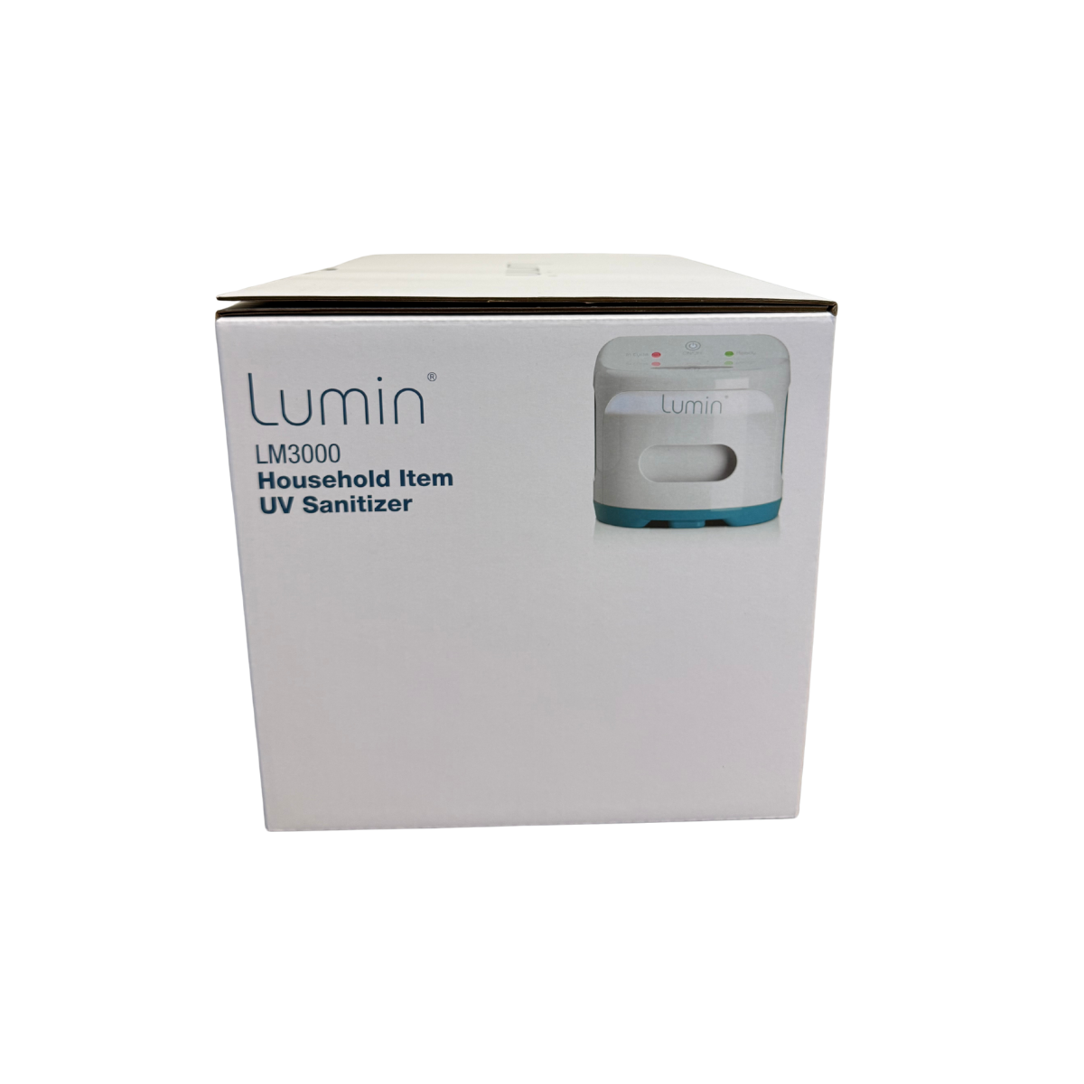 Side view of Lumin LM3000 household item UV sanitizer packaging featuring product branding and sanitizer image on a white background
