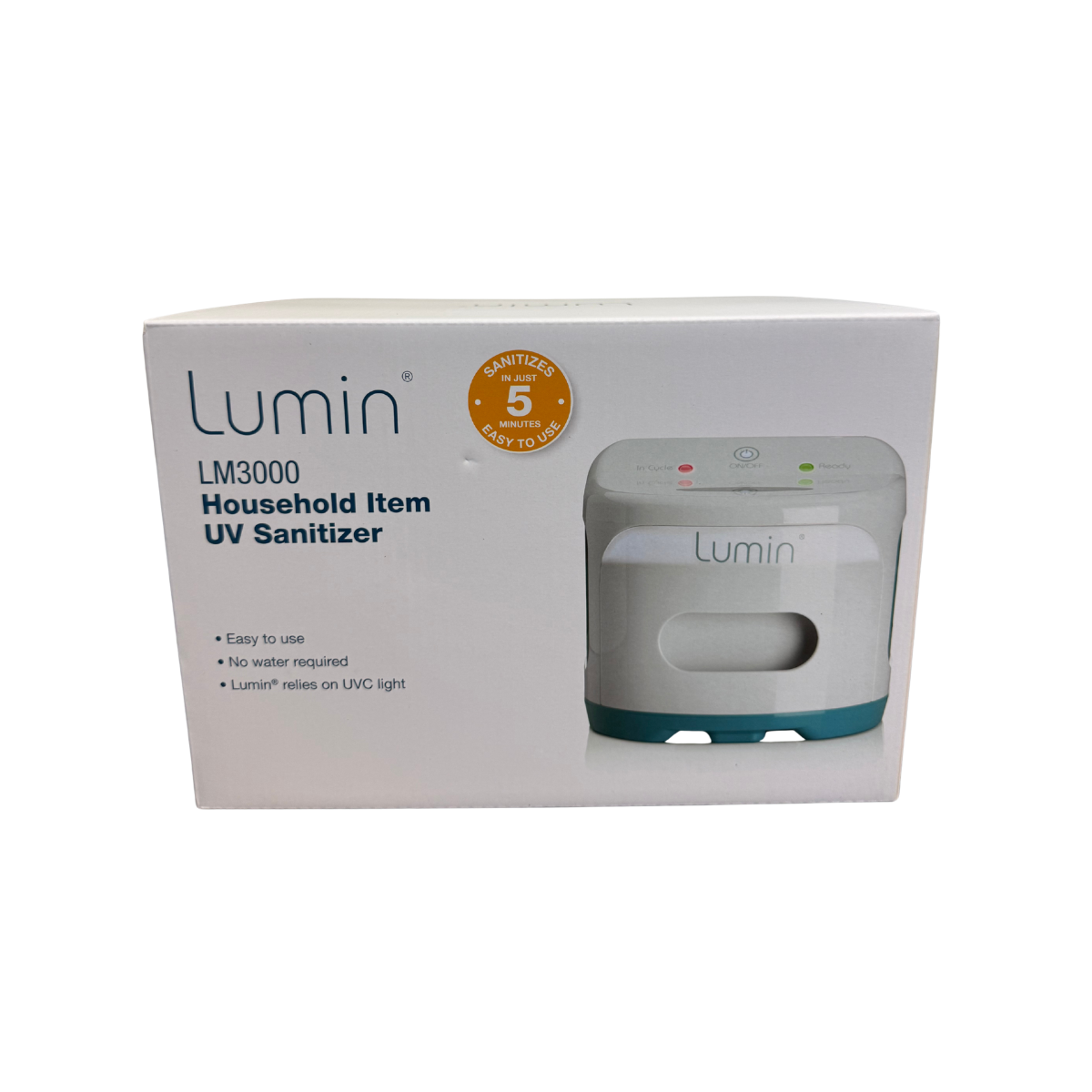 Lumin LM3000 household item UV sanitizer retail box featuring product image and sanitizing device details on a white background