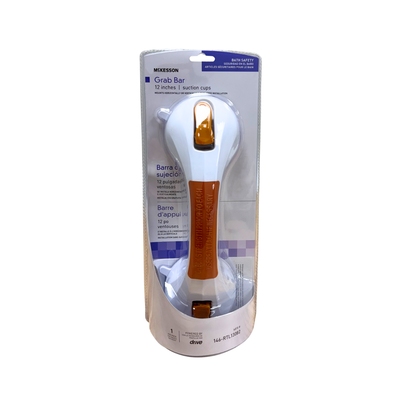 McKesson 12-inch bathroom grab bar with suction cups in retail packaging for added bathroom safety and support.