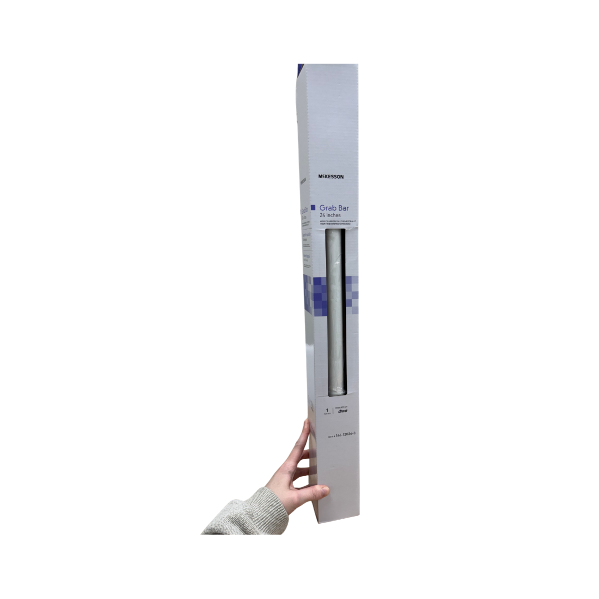 McKesson 24-inch bathroom grab bar shown in packaging for bathroom safety and support.