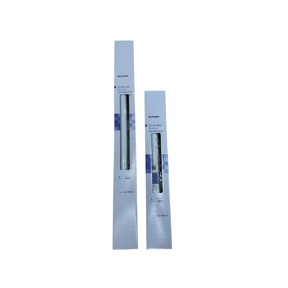 McKesson bathroom grab bars in 16-inch and 24-inch sizes shown in retail packaging.