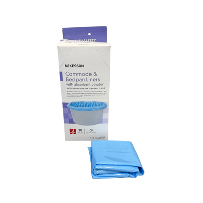 McKesson commode and bedpan liners with absorbent powder shown with blue disposable liners and product packaging on a white background.