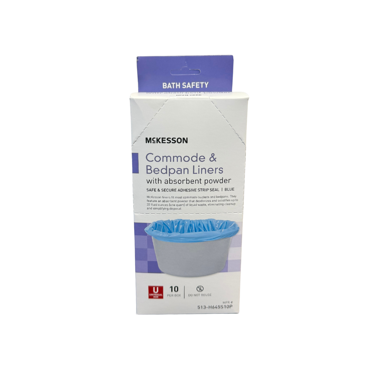 Front view of McKesson commode and bedpan liners packaging with absorbent powder for convenient disposable waste management.