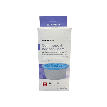 Front view of McKesson commode and bedpan liners packaging with absorbent powder for convenient disposable waste management.