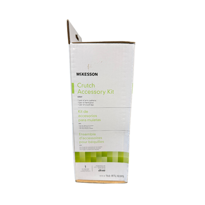 Front view of McKesson Crutch Accessory Kit packaging for replacement crutch pads, hand grips, and rubber tips for standard crutches.