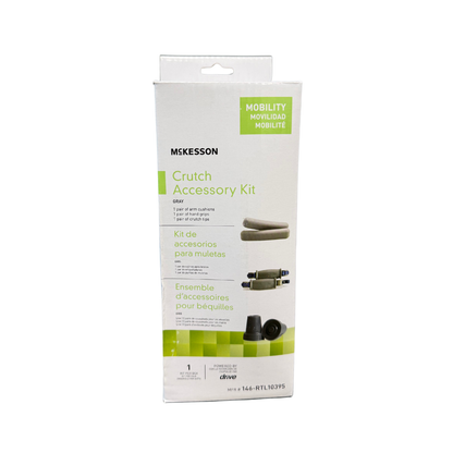 McKesson Crutch Accessory Kit featuring two underarm cushions, two hand grips, and two rubber crutch tips designed for standard crutches with 7/8-inch tubing.