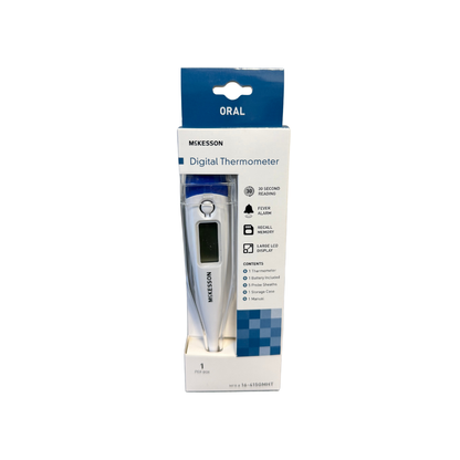 McKesson digital oral thermometer in retail packaging designed for fast and accurate body temperature readings.