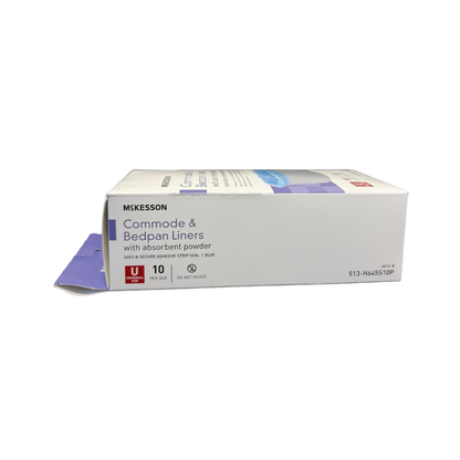 Side view of McKesson disposable commode and bedpan liners packaging with absorbent powder for easy cleanup and odor control.