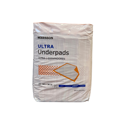 McKesson Ultra disposable underpads packaging with 30 x 36 inch absorbent pads for incontinence protection and surface coverage.